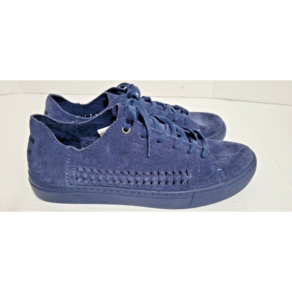 Toms Lenox Size 10 Navy Blue Suede Sneaker Woven Side Panel Lace Up Low Top